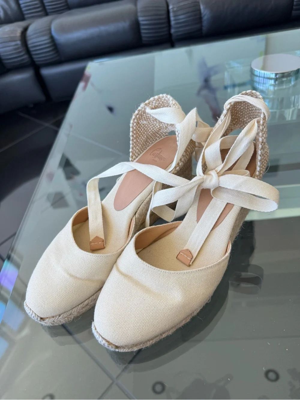 Beige Canvas Espadrille Wedge with Ankle Ties
